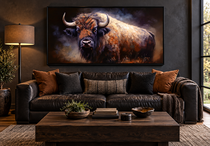 Extra large framed canvas print of an American buffalo hanging above a dark leather sofa.