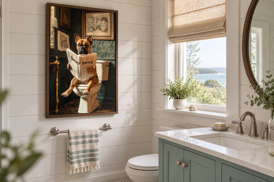 Boxer dog reading a newspaper on a toilet canvas wall art in a modern bathroom setting.