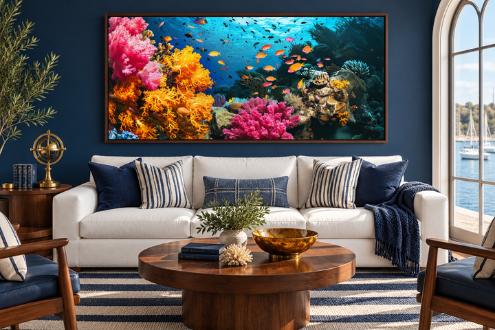 Framed underwater photography wall art featuring vibrant coral reefs and tropical fish.
