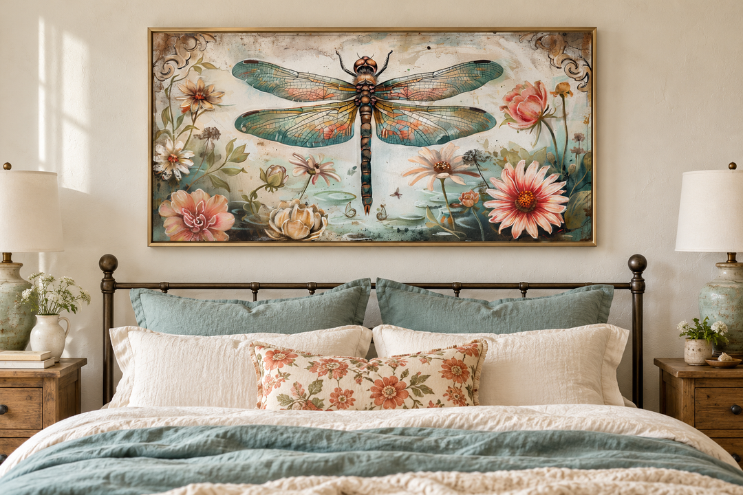 Rustic framed canvas wall art featuring a dragonfly and flowers above a bed with teal bedding.
