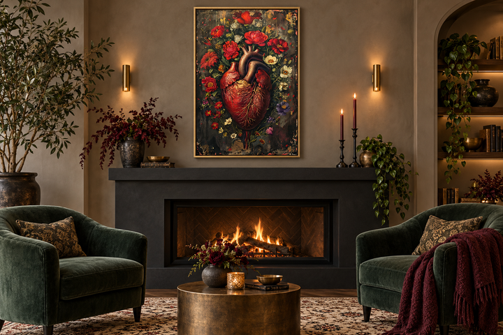 Gothic human heart and flowers framed wall art hanging above a modern black fireplace.