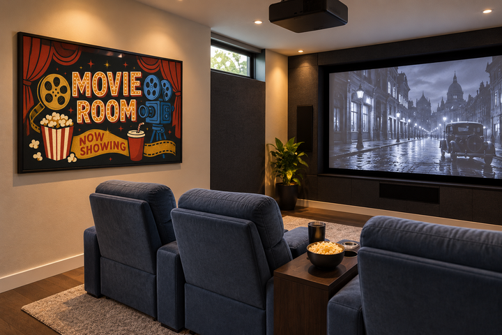 Retro Movie Room canvas wall art with popcorn and camera icons in a modern home theater setting.