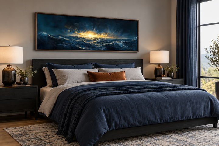Navy and gold ocean sunset canvas art in a horizontal frame hanging above a modern bed.