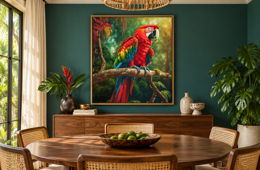 Scarlet Macaw Parrot framed canvas wall art hanging in a teal dining room above a wooden sideboard.