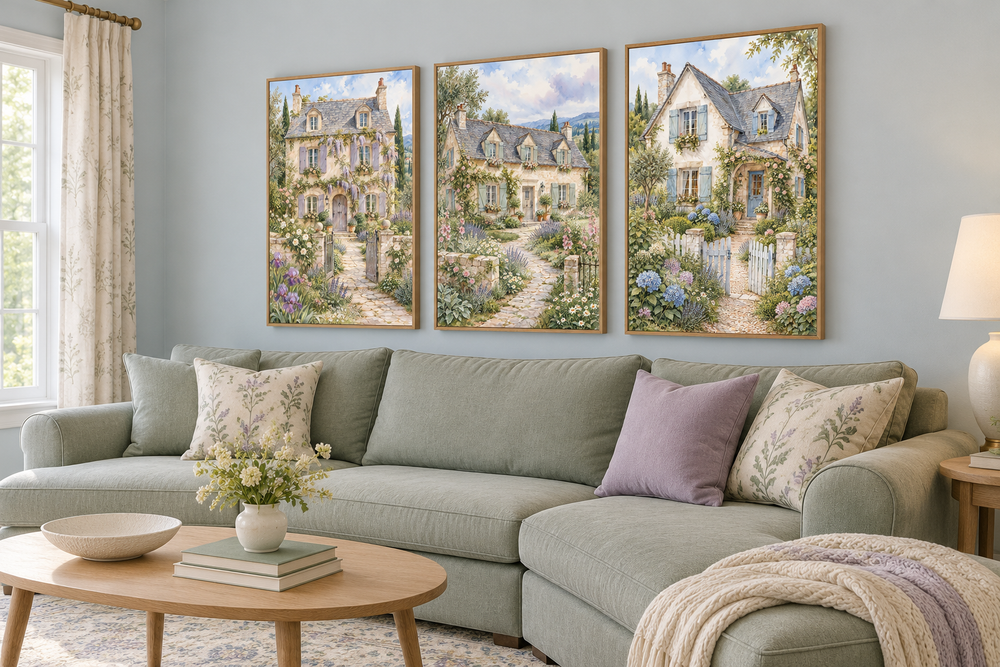 Set of 3 framed watercolor paintings of French cottages with floral gardens above a green sofa.