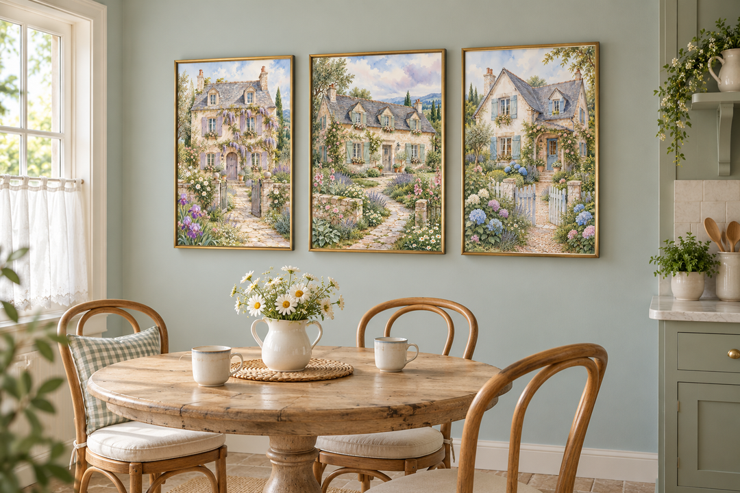 Set of 3 framed watercolor paintings of French cottages in a cozy breakfast room with a round table.
