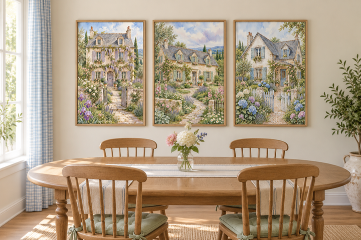Set of 3 framed watercolor paintings of French cottages above an oak dining table.