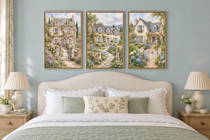 Set of 3 framed watercolor paintings of French cottages and gardens above a bed in a blue bedroom.
