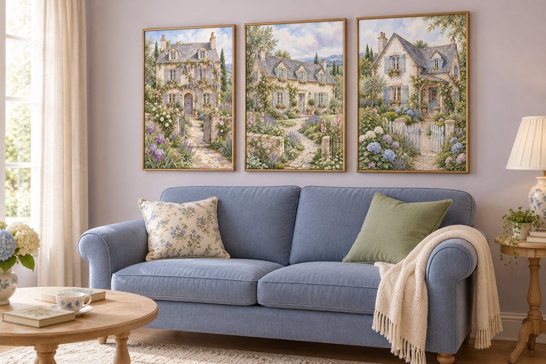 Set of 3 framed watercolor paintings of French cottages above a blue sofa in a cozy living room.