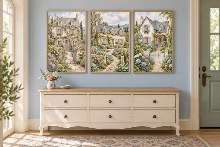 Set of 3 framed watercolor paintings of French cottages with floral gardens above a white dresser.