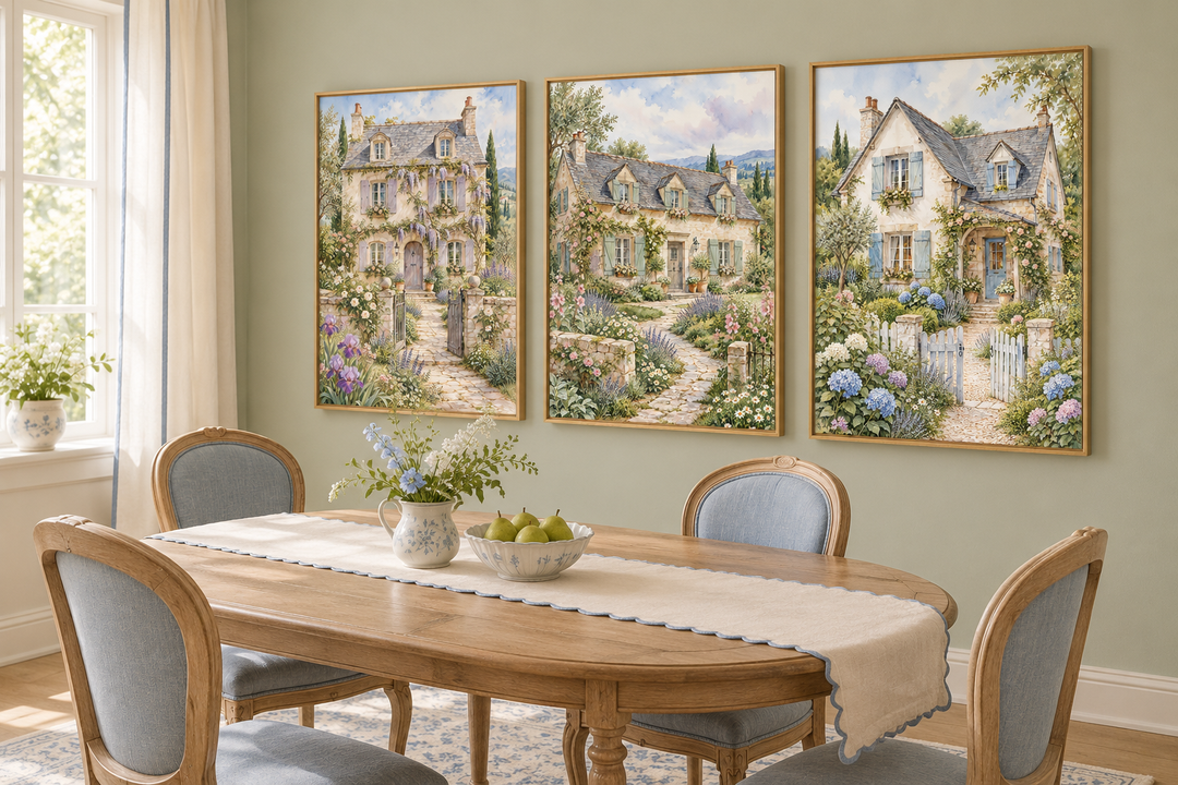 Set of 3 framed watercolor paintings of French cottages in a dining room with blue chairs.