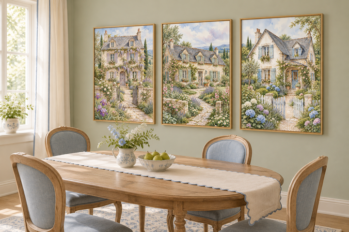 Set of 3 framed watercolor paintings of French cottages in a dining room with blue chairs.