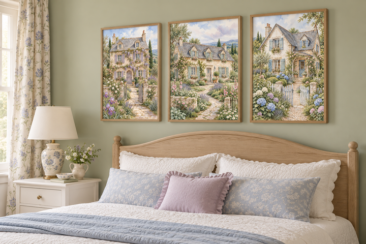 Set of 3 framed watercolor paintings of French cottages above a bed with floral pillows and a lamp.