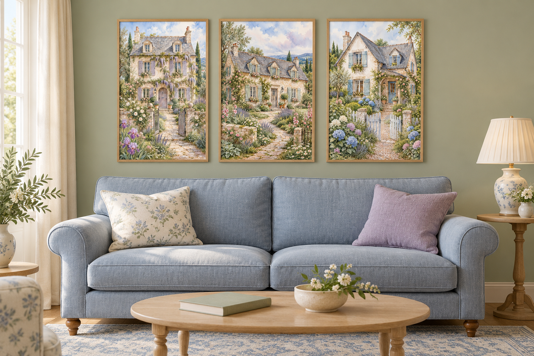 Set of 3 framed watercolor paintings of French cottages above a blue sofa in a sage green room.