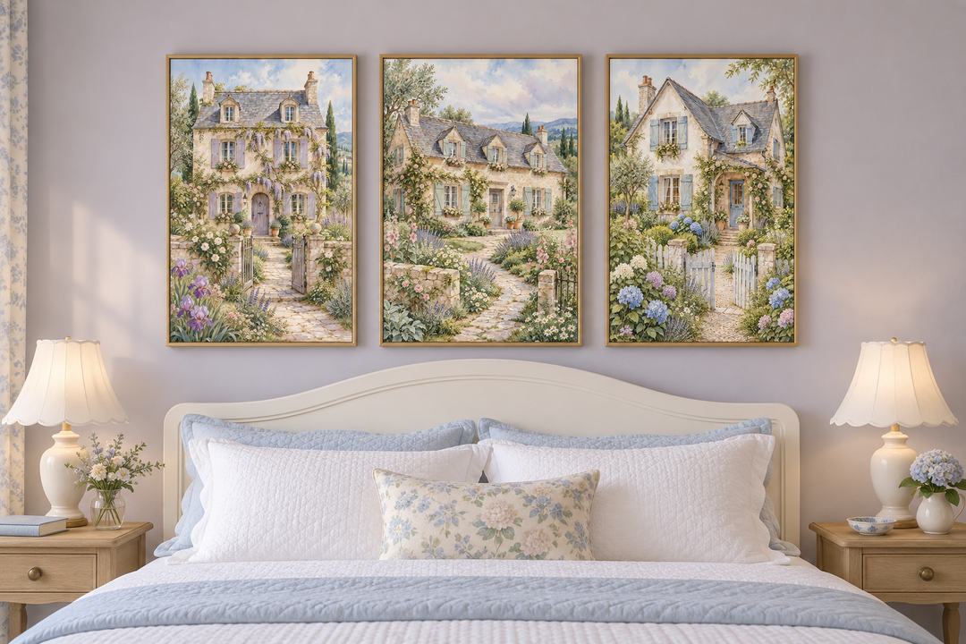 Set of 3 framed watercolor paintings of French cottages with floral gardens above a bed.