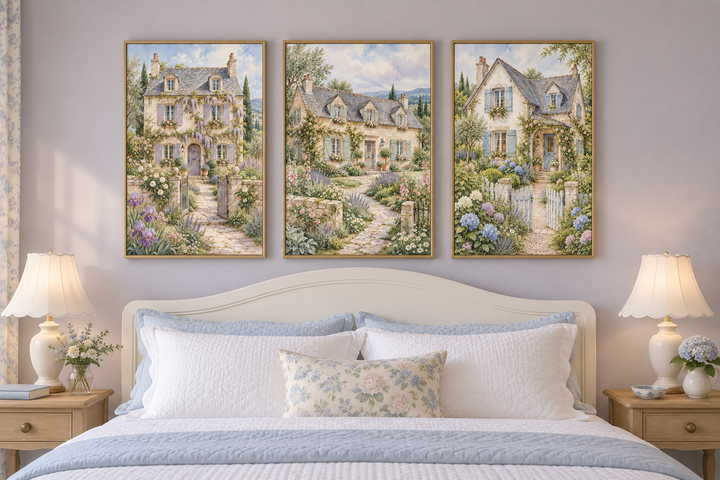 Set of 3 framed watercolor paintings of French cottages with floral gardens above a bed.