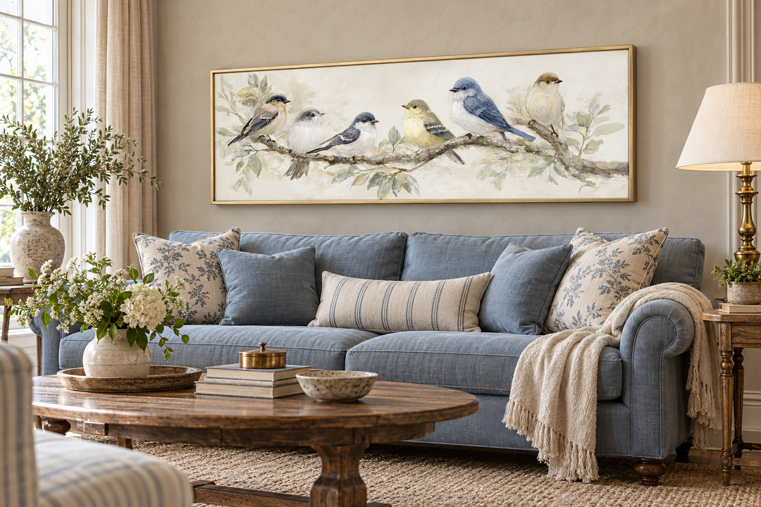 Oiseaux sur une branche - Tableau panoramique horizontal sur toile, tons neutres, nature