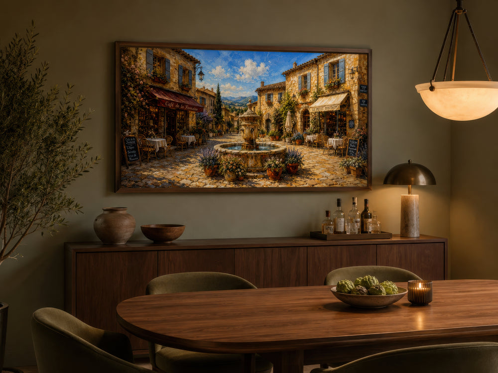 French Village Street In Provence framed canvas wall art displayed above a dining room sideboard.