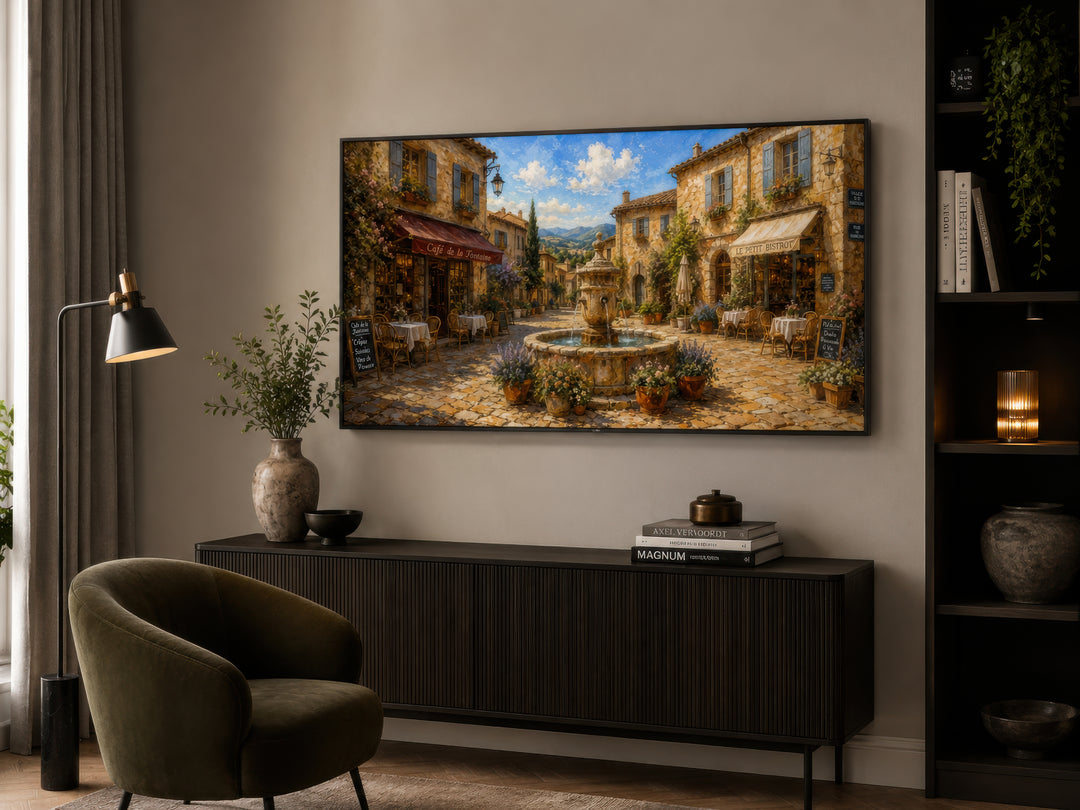 Framed canvas wall art of a sunny French village street with a fountain and cafes in Provence.