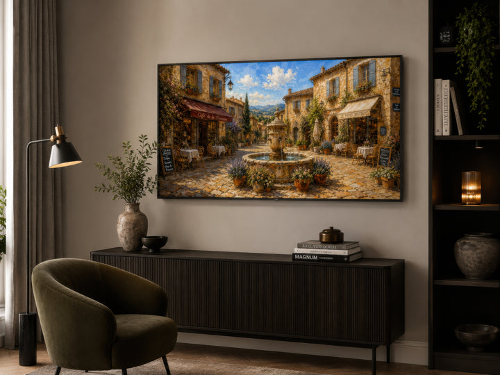 Framed canvas wall art of a sunny French village street with a fountain and cafes in Provence.