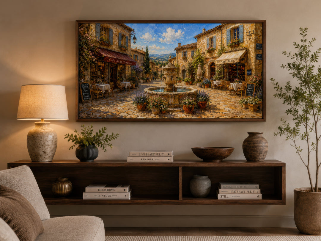 French Village Street In Provence framed canvas wall art above a console table in a dining room.
