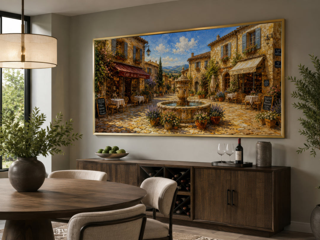 French Village Street In Provence framed canvas wall art displayed above a dining room sideboard.