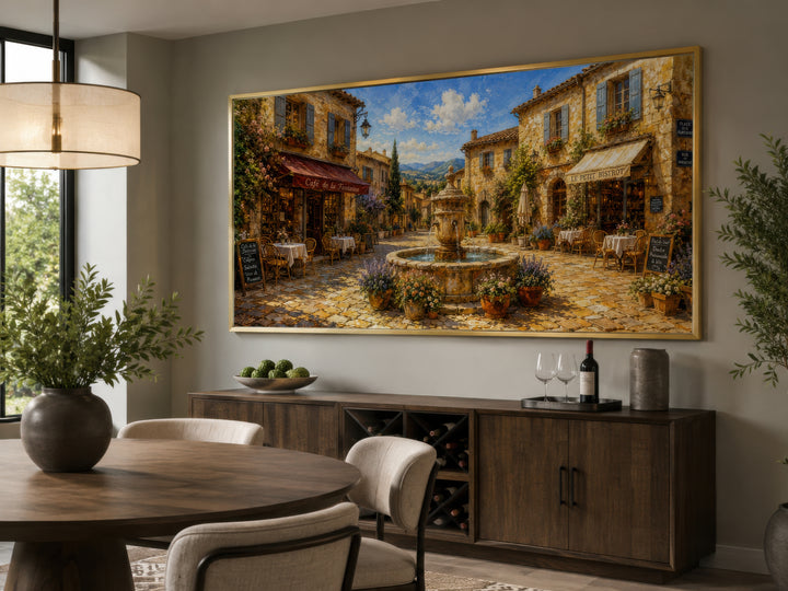 French Village Street In Provence framed canvas wall art displayed above a dining room sideboard.