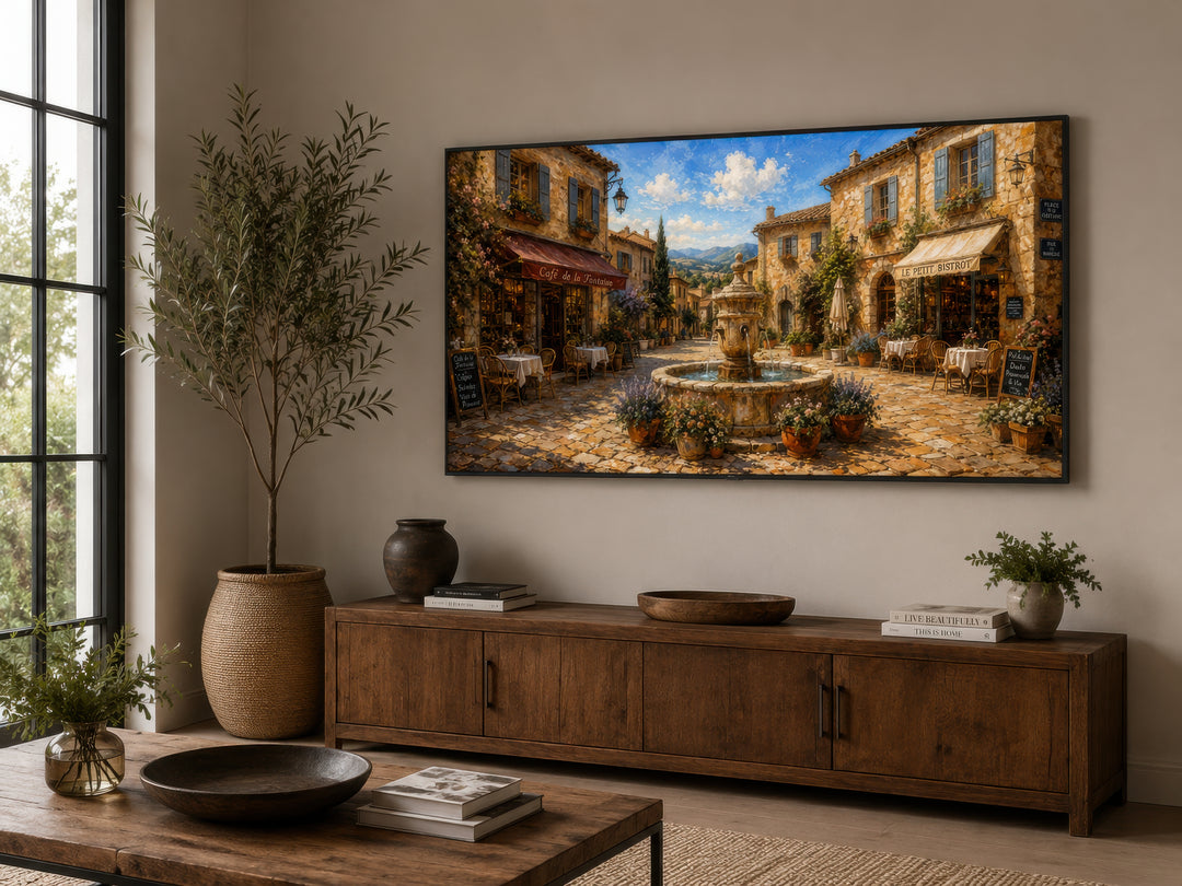 Framed canvas wall art of a sunlit French village street in Provence above a wooden sideboard.