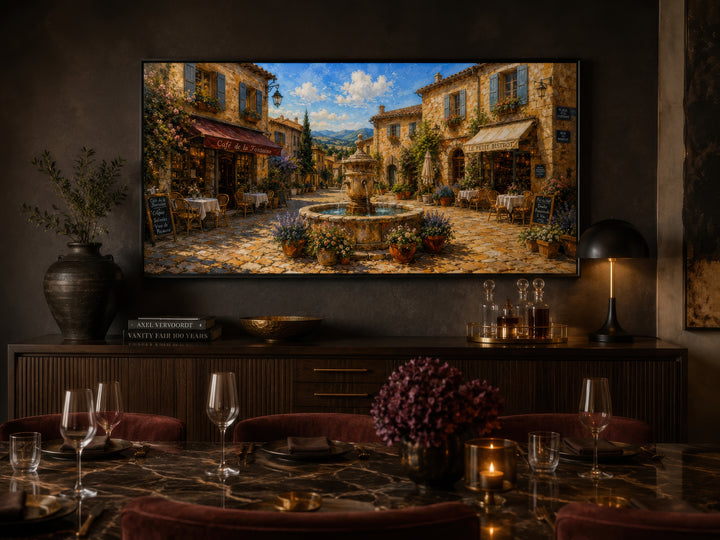 French Village Street In Provence framed canvas wall art displayed above a dining room sideboard.