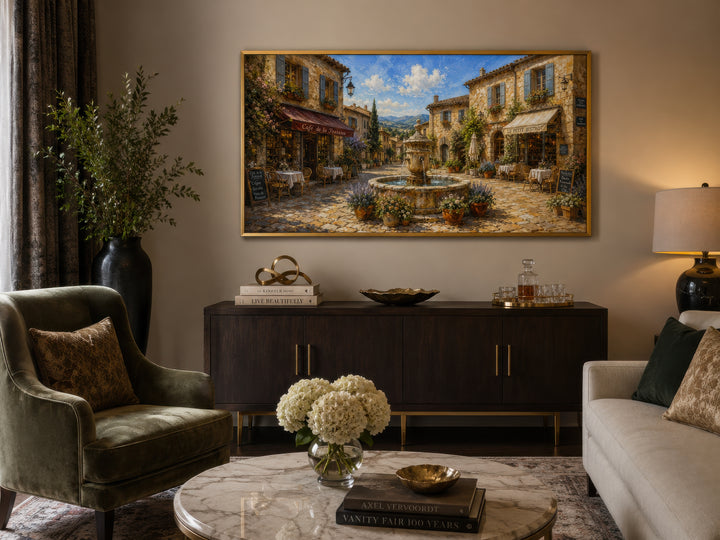 Framed canvas wall art of a sunny French village street with a fountain and cafes in Provence.