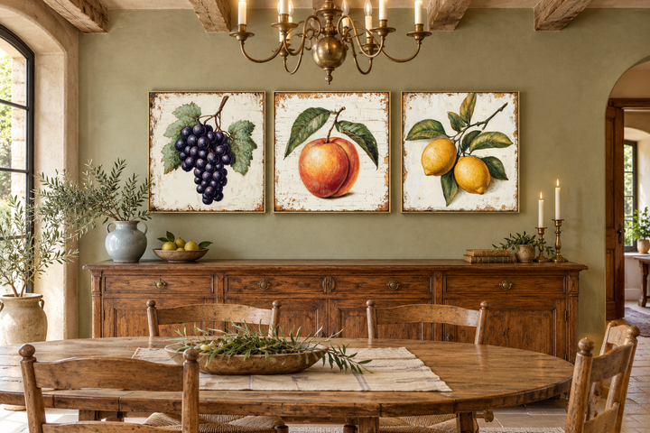 Triptych of vintage-style botanical canvas prints featuring grapes, a peach, and lemons.