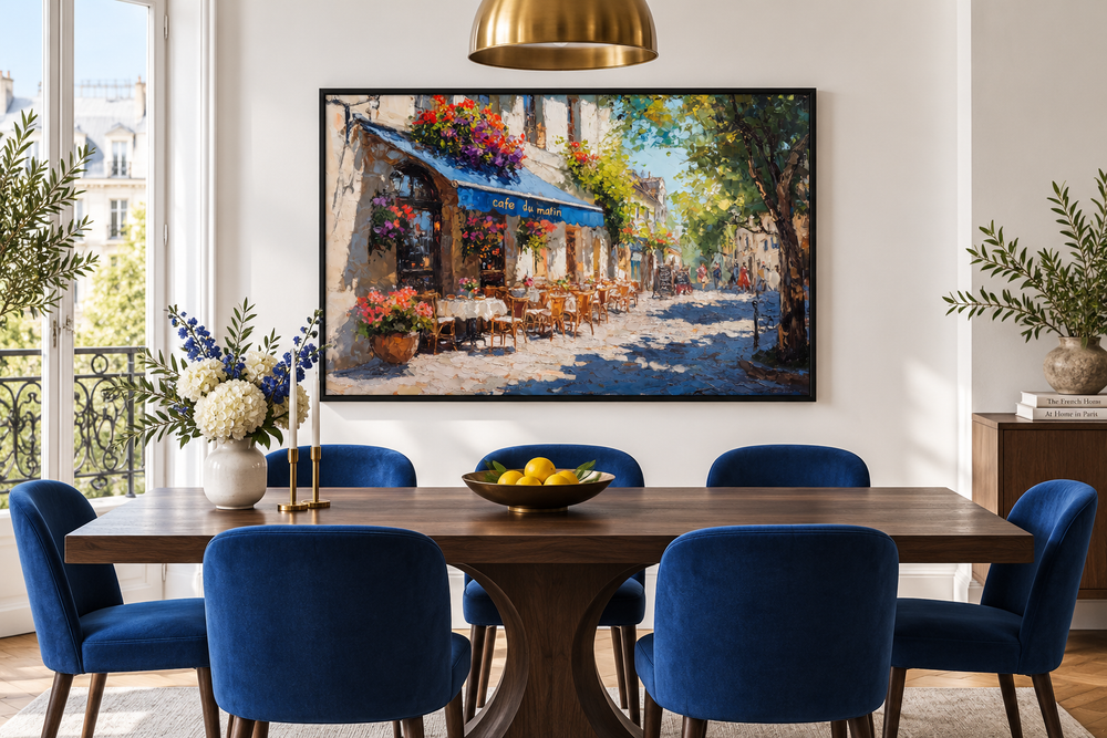 Paris Street Cafe framed canvas wall art hanging in a dining room above a wooden table.