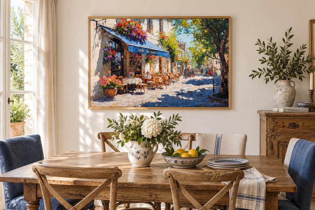 Paris Street Cafe framed canvas wall art hanging in a rustic dining room above a wooden table.