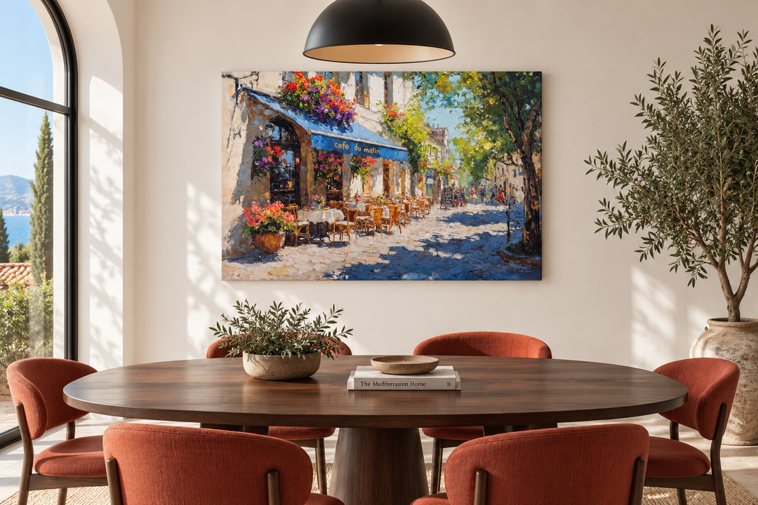 Paris Street Cafe canvas wall art hanging in a modern dining room above a dark wood table.