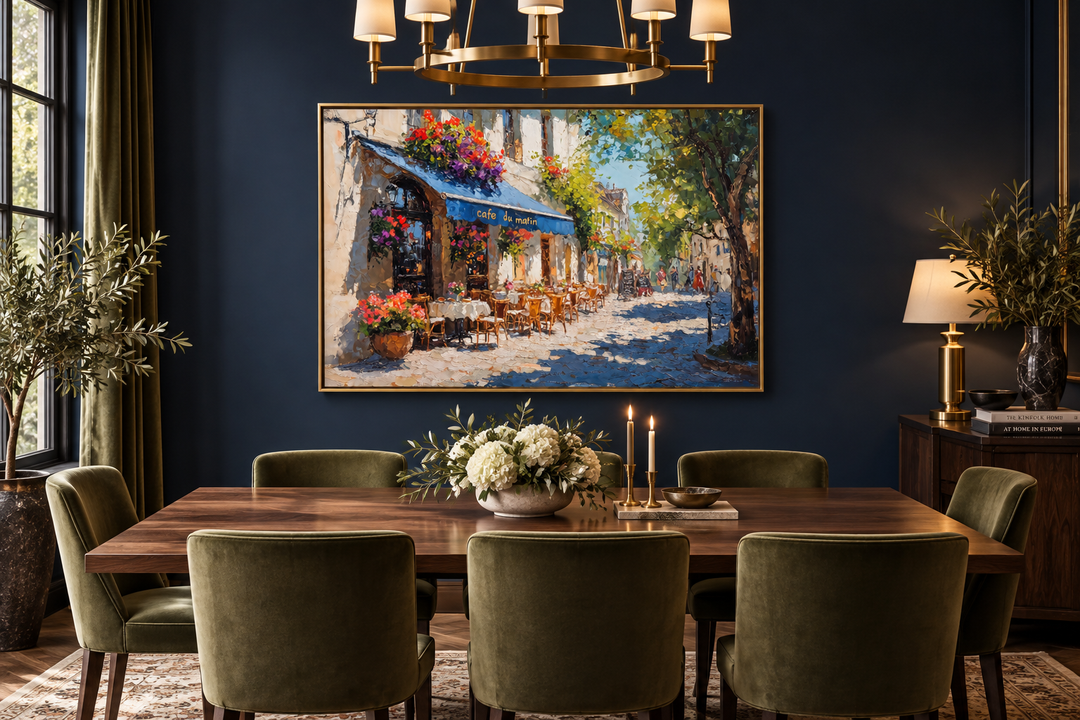 Paris Street Cafe Framed France Canvas Wall Art hanging in a dark blue dining room.