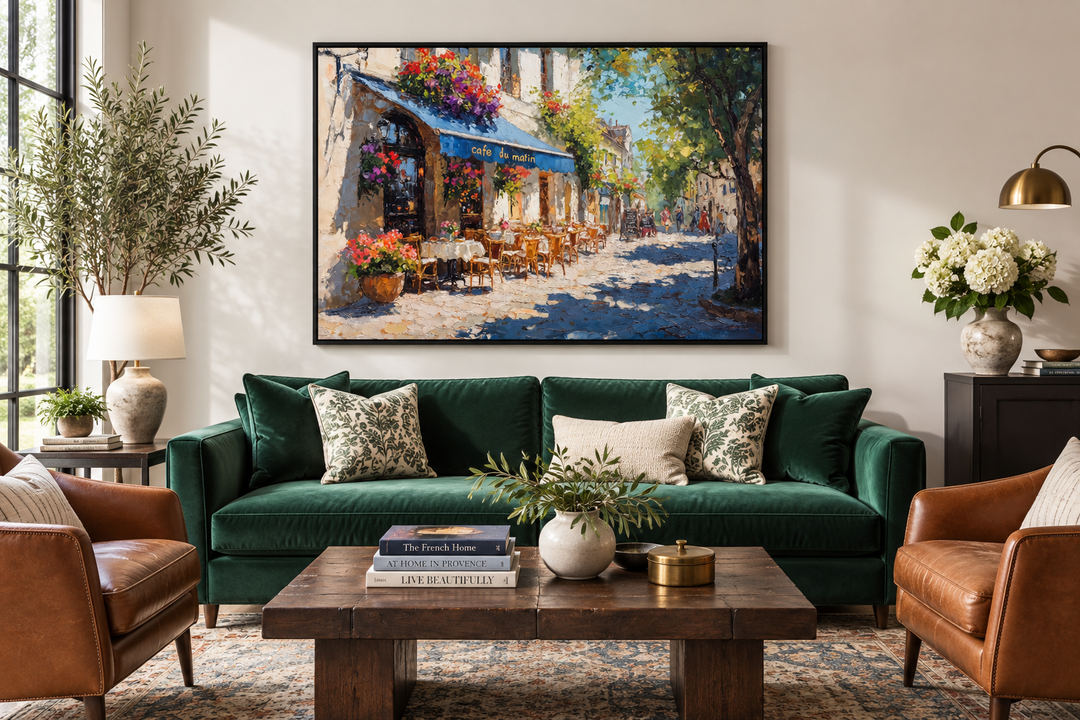 Paris Street Cafe framed canvas wall art hanging above a green velvet sofa in a living room.