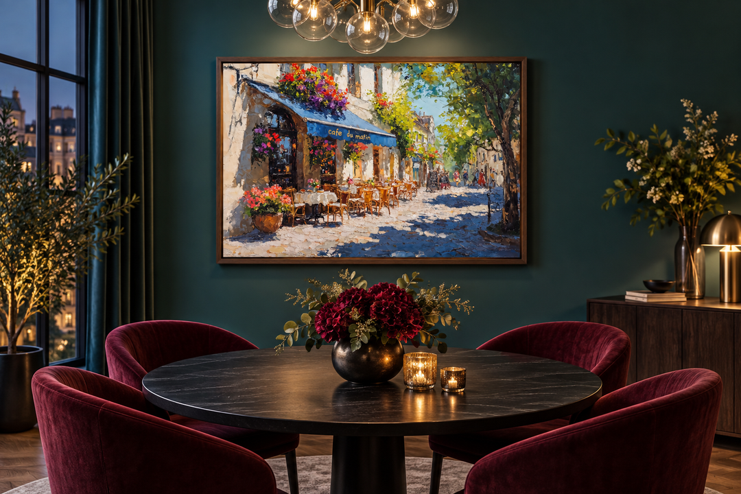 Paris Street Cafe framed canvas wall art hanging in a dining room above a round table.