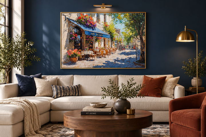 Paris Street Cafe Framed Canvas Wall Art above a cream sofa in a modern living room.