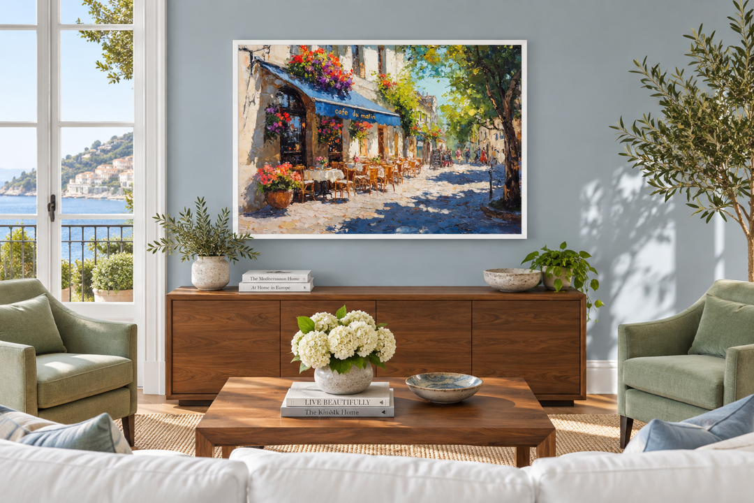 Paris Street Cafe framed canvas wall art showing a sunlit outdoor cafe scene in a living room.
