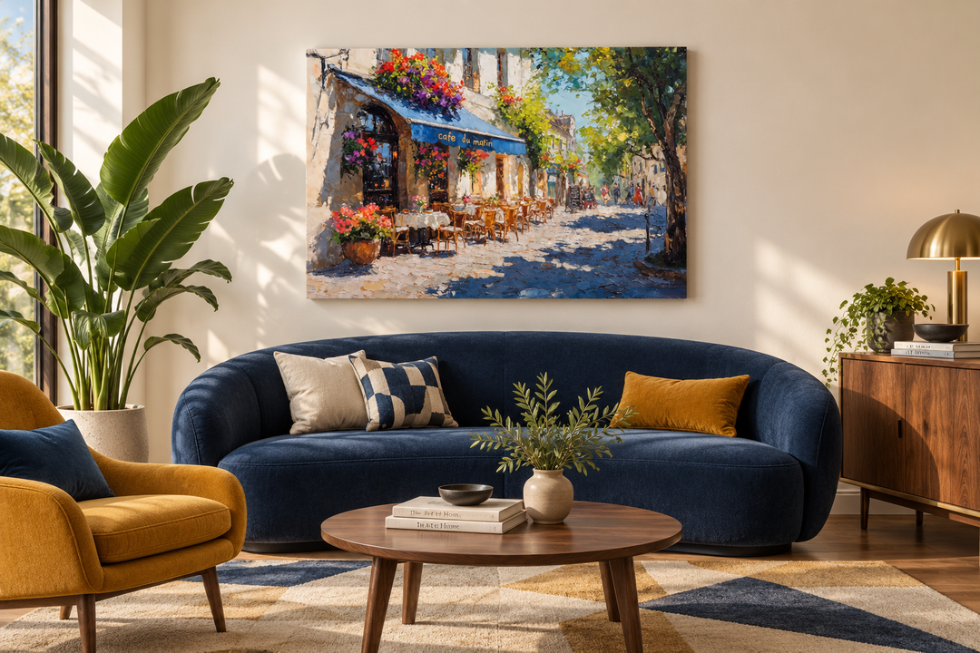 Paris Street Cafe framed canvas wall art hanging above a blue sofa in a modern living room.