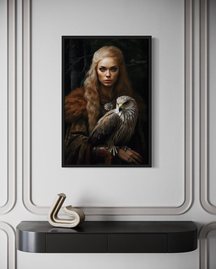 Freya Norse Goddess With Falcon Famed Canvas Wall Art