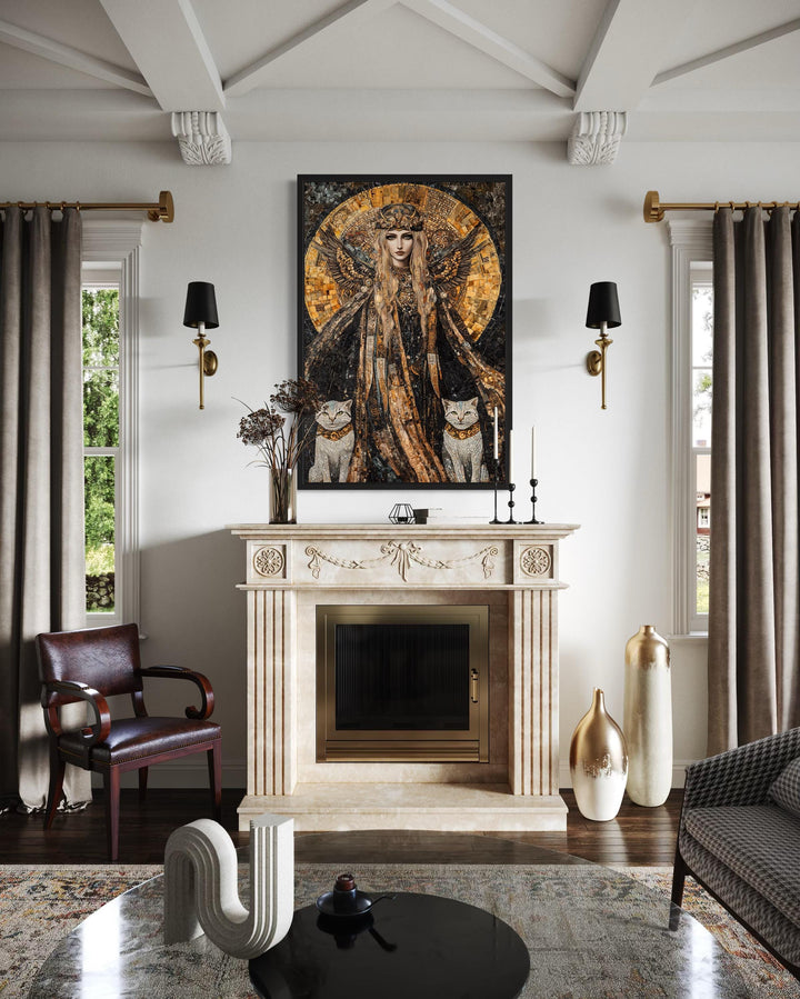 Freya Norse Goddess with her cats mosaic painting canvas wall art above a fireplace.