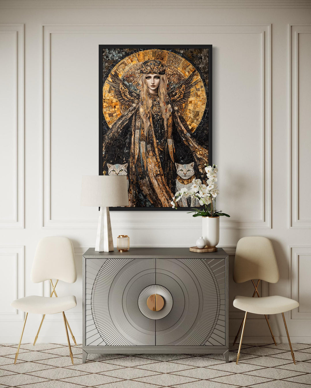 Vertical mosaic canvas art of Freya Norse goddess with two cats above a grey sideboard.