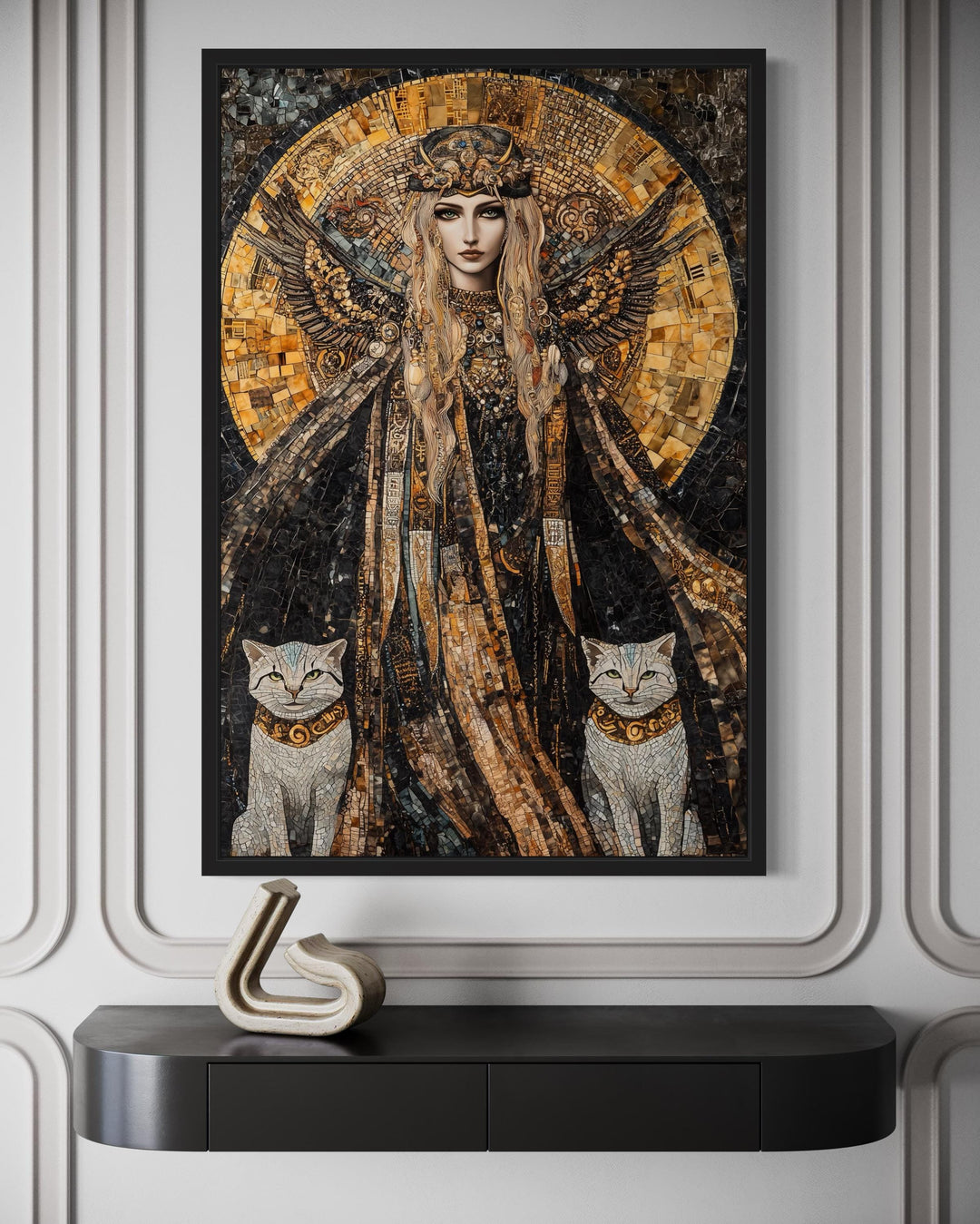 Mosaic-style canvas wall art of Norse goddess Freya with her two cats in gold and charcoal tones.