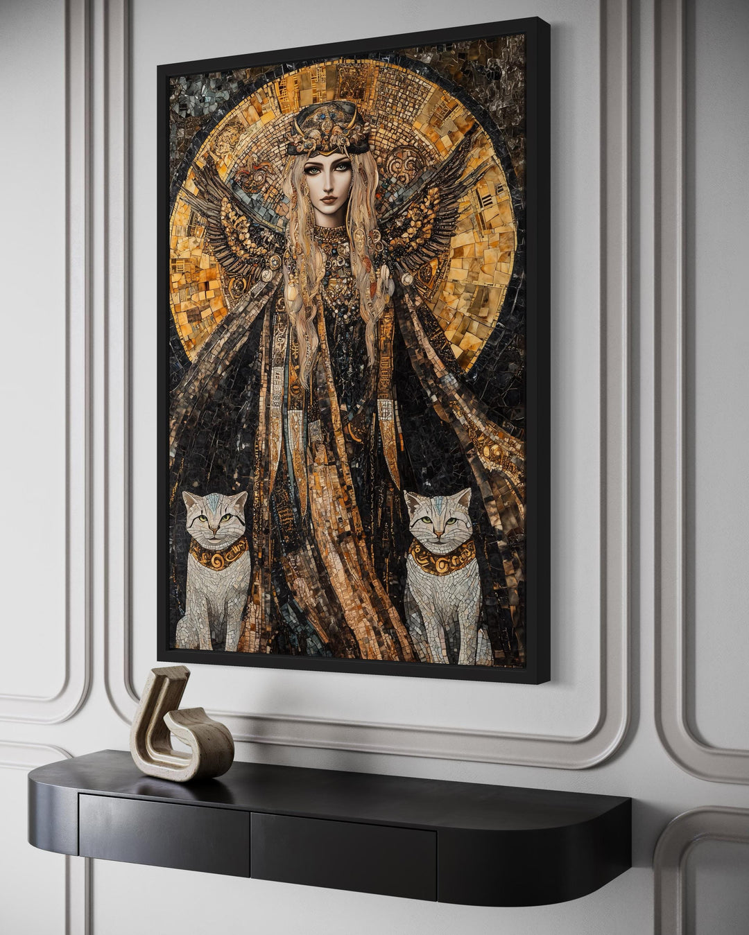 Mosaic-style canvas wall art of Norse goddess Freya with her two cats in a black frame.