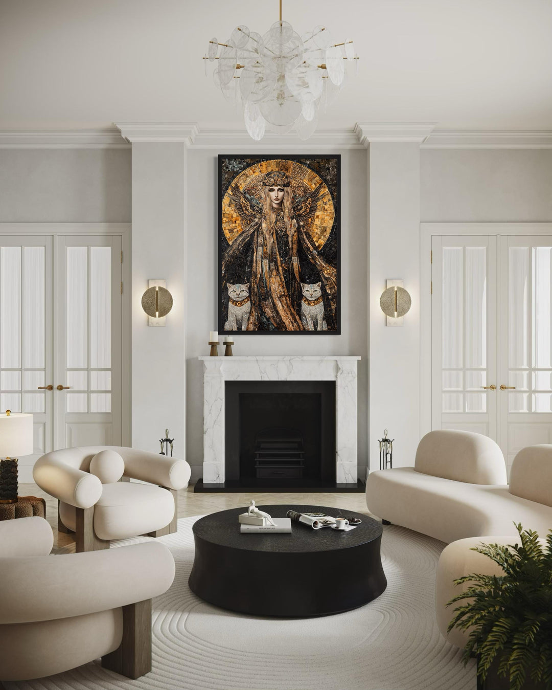 Freya Norse Goddess with her cats mosaic painting canvas wall art above a white marble fireplace.