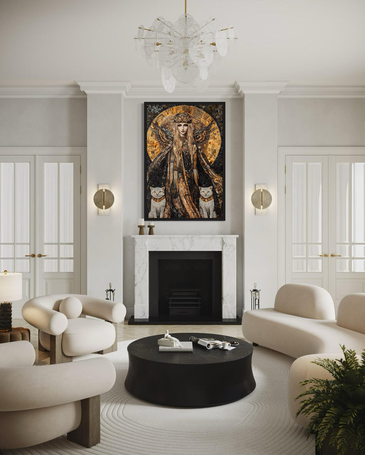 Freya Norse Goddess with her cats mosaic painting canvas wall art above a white marble fireplace.