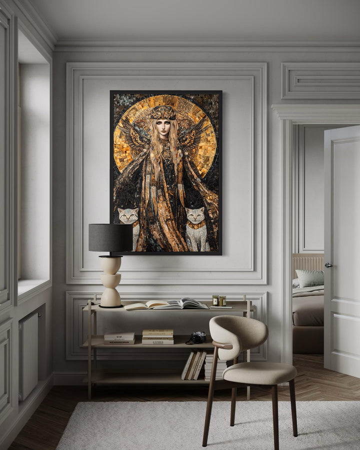 Freya Norse Goddess mosaic painting canvas wall art with two cats in a modern interior setting.