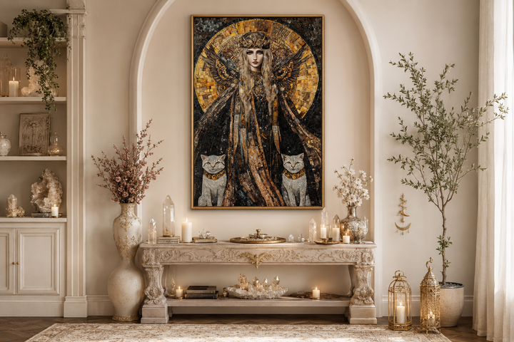 Vertical mosaic canvas painting of Norse goddess Freya standing with two cats in a golden halo.