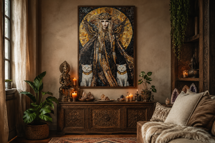 Mosaic-style canvas wall art of Norse goddess Freya standing with two cats in a warm, earthy room.